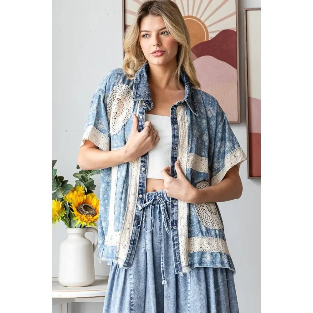Oli & Hali Washed Crochet Patchwork Button Down Shirt NWOT Size Small